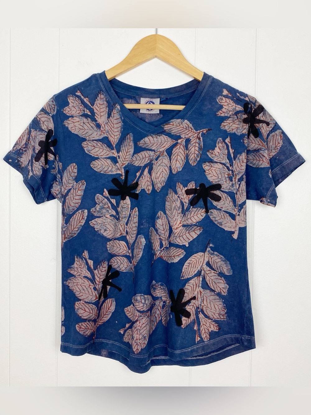 Bindaas Unlimited Shirt Women’s Size Medium Dragonfly Leaf Block Print Blue Top - Picture 3 of 8